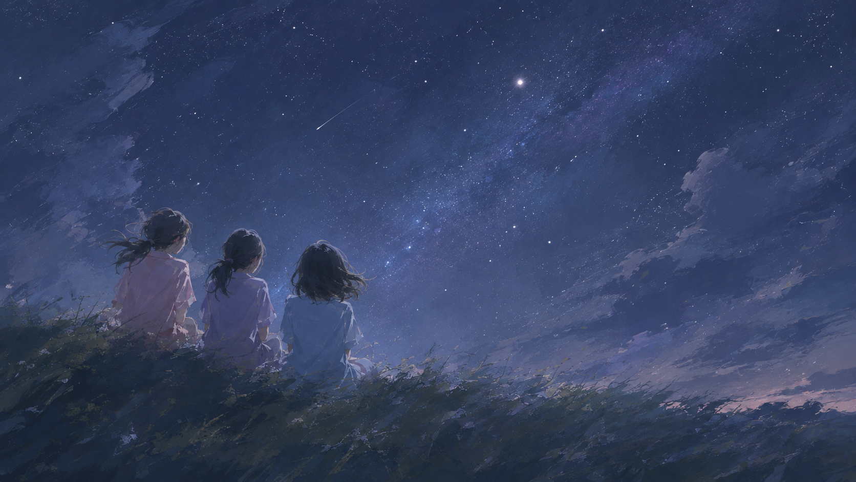 三个女孩坐在星空下的插画